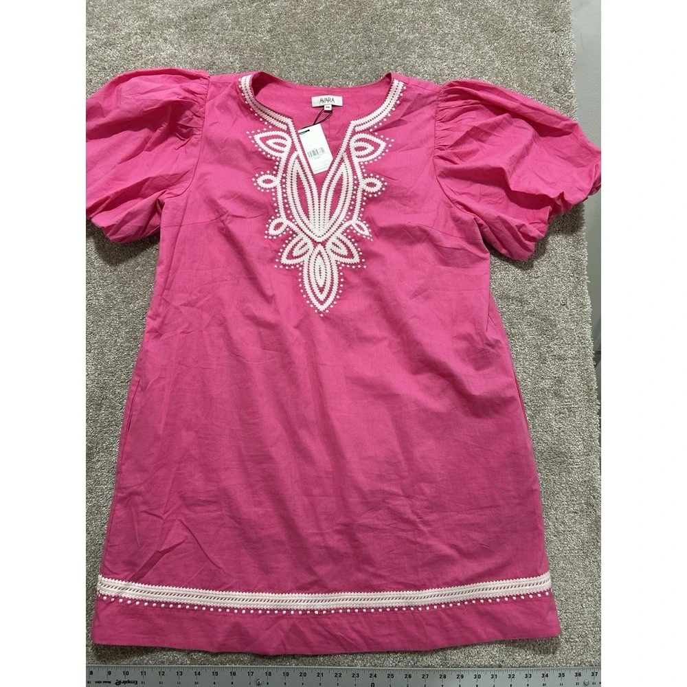 NEW Avara Women's XXL Roxanne Dress Pink Puff Short Sleeve V Neck Pockets Pinch